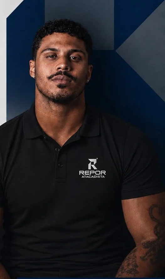 João Gabriel, representante comercial da Repor Atacadista, com camisa polo preta da empresa